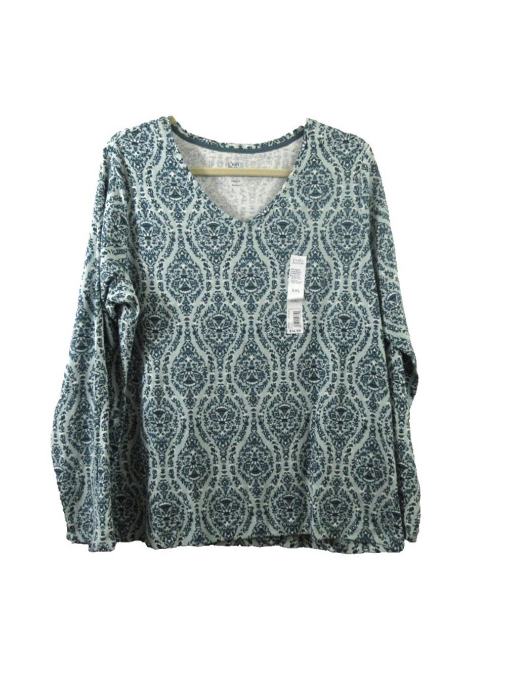 Croft & Barrow Womens Top Sz XXL Blue Floral Long Sleeve V-Neck Classic Tee NWT